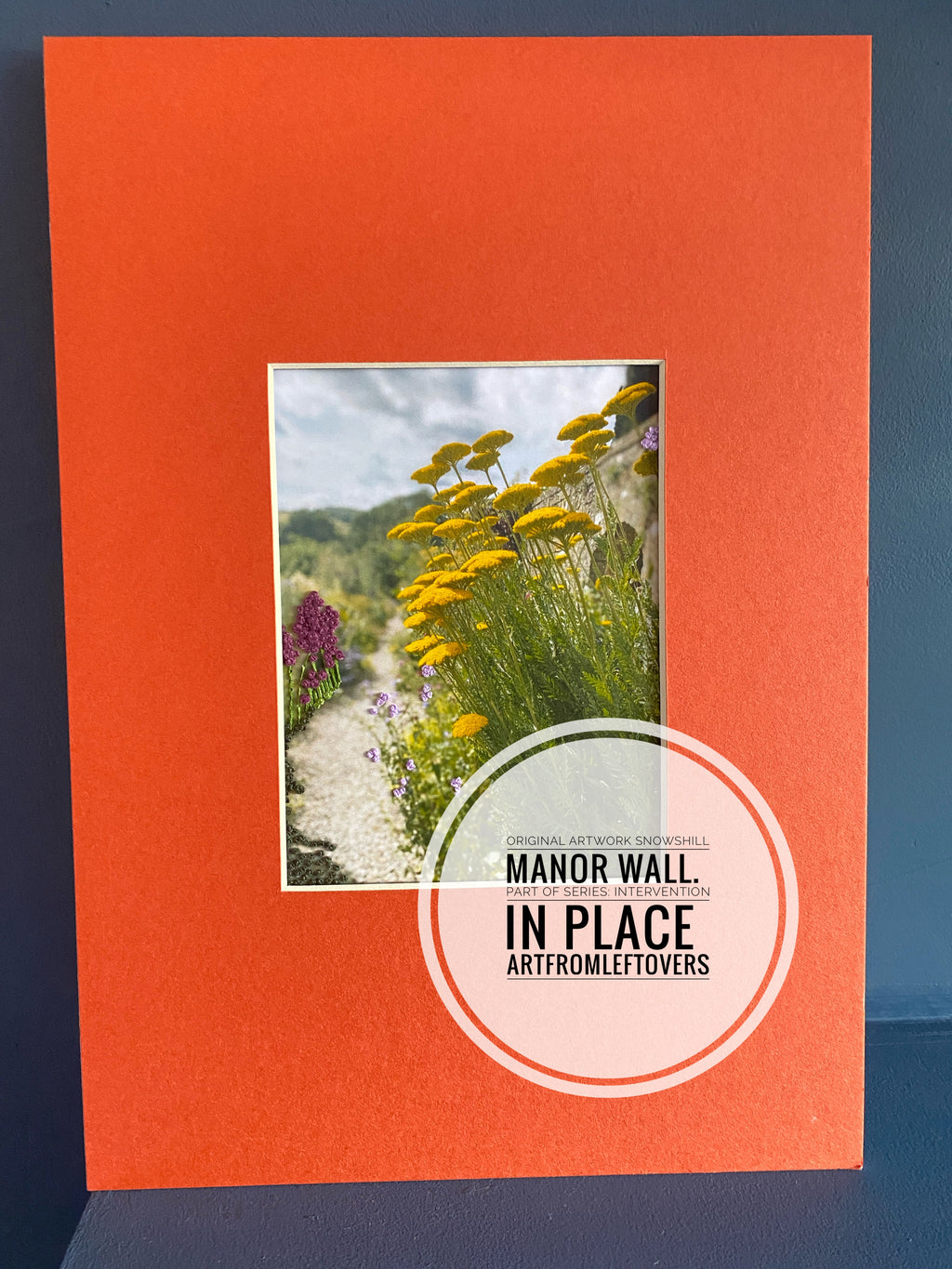 Snowshill Manor Wall, UK.  Original Artwork. Hand-Embroidered Photograph, Mixed Media  Textile Art on an Orange Mount. Size Mounted A4  (Certificate Included)