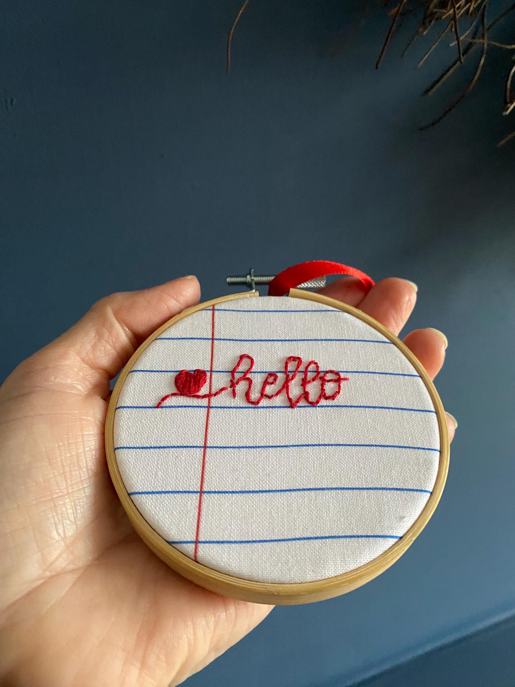 Hand Embroidered Mini Hoop Art –  'Hello'