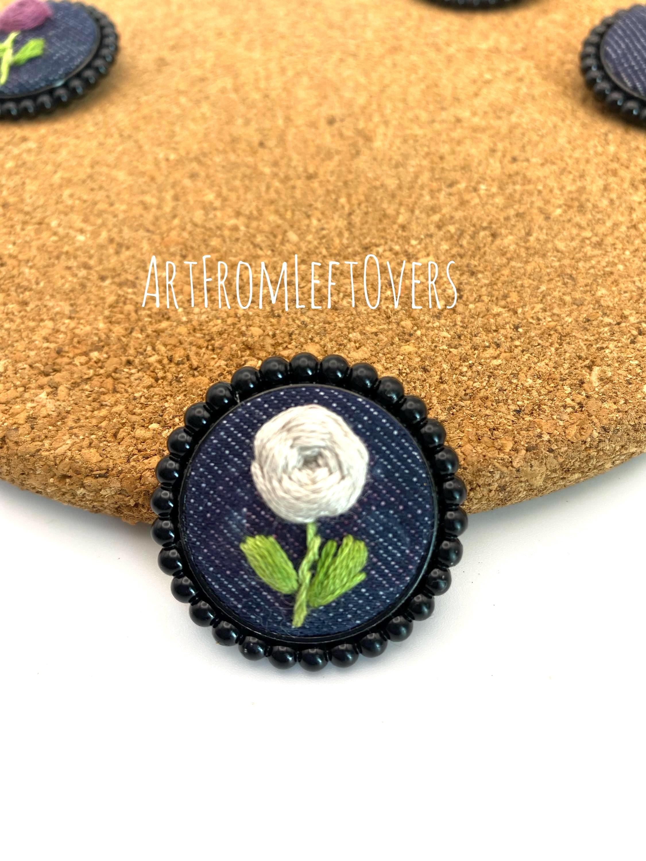Handmade Embroidered Denim Flower Brooch: Black Beaded Edge