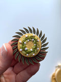 Hand Embroidered Floral Wreath Brooch: Botanical Antique Brass Pin