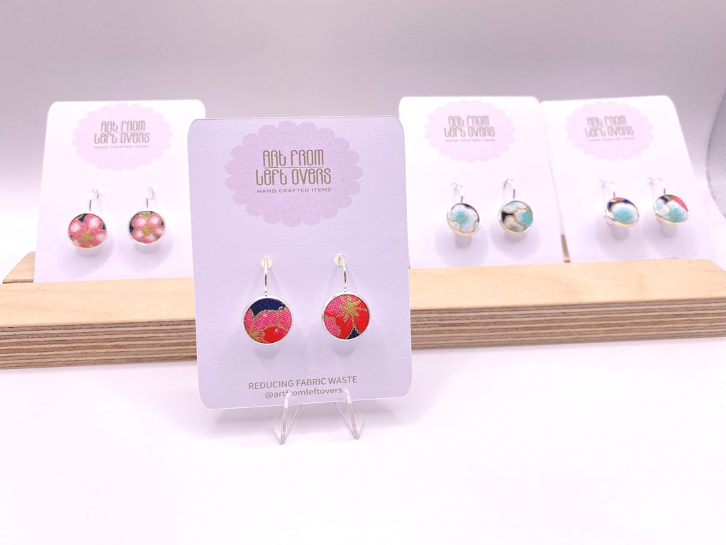 Upcycled Japanese Cherry Blossom Fabric Earrings – Handmade Leverback Hoops
