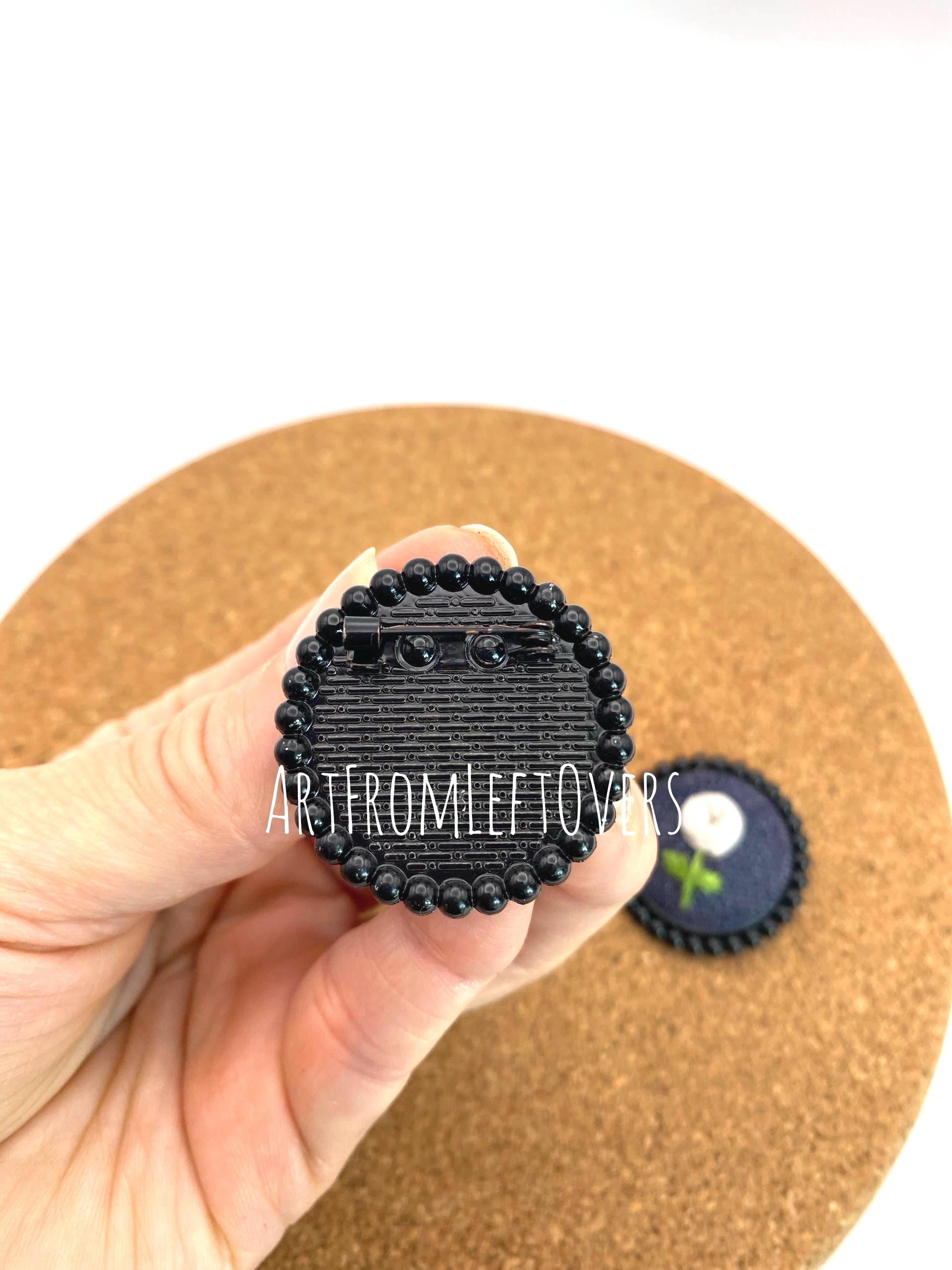 Handmade Embroidered Denim Flower Brooch: Black Beaded Edge