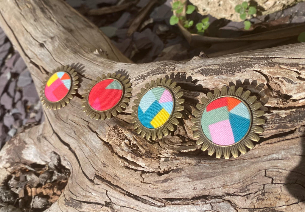 Handmade Upcycled Brooch/Necklace for women: Multicoloured Fabric, Antique Brass Style