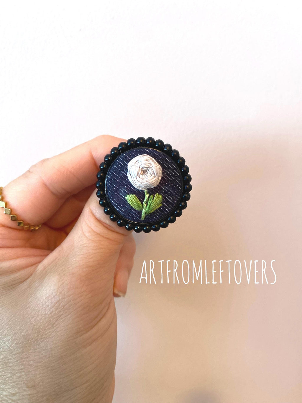Handmade Embroidered Denim Flower Brooch: Black Beaded Edge