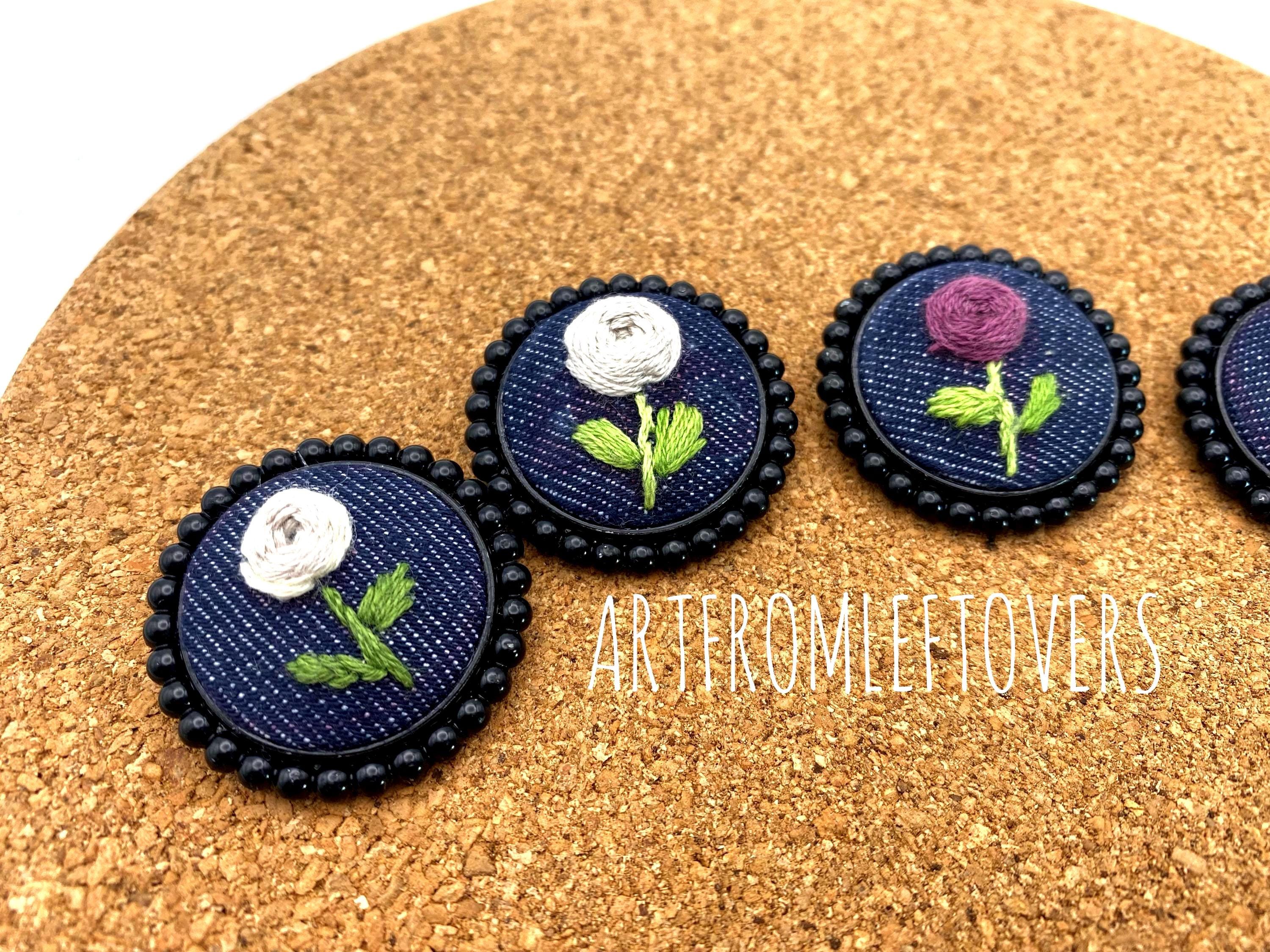 Handmade Embroidered Denim Flower Brooch: Black Beaded Edge
