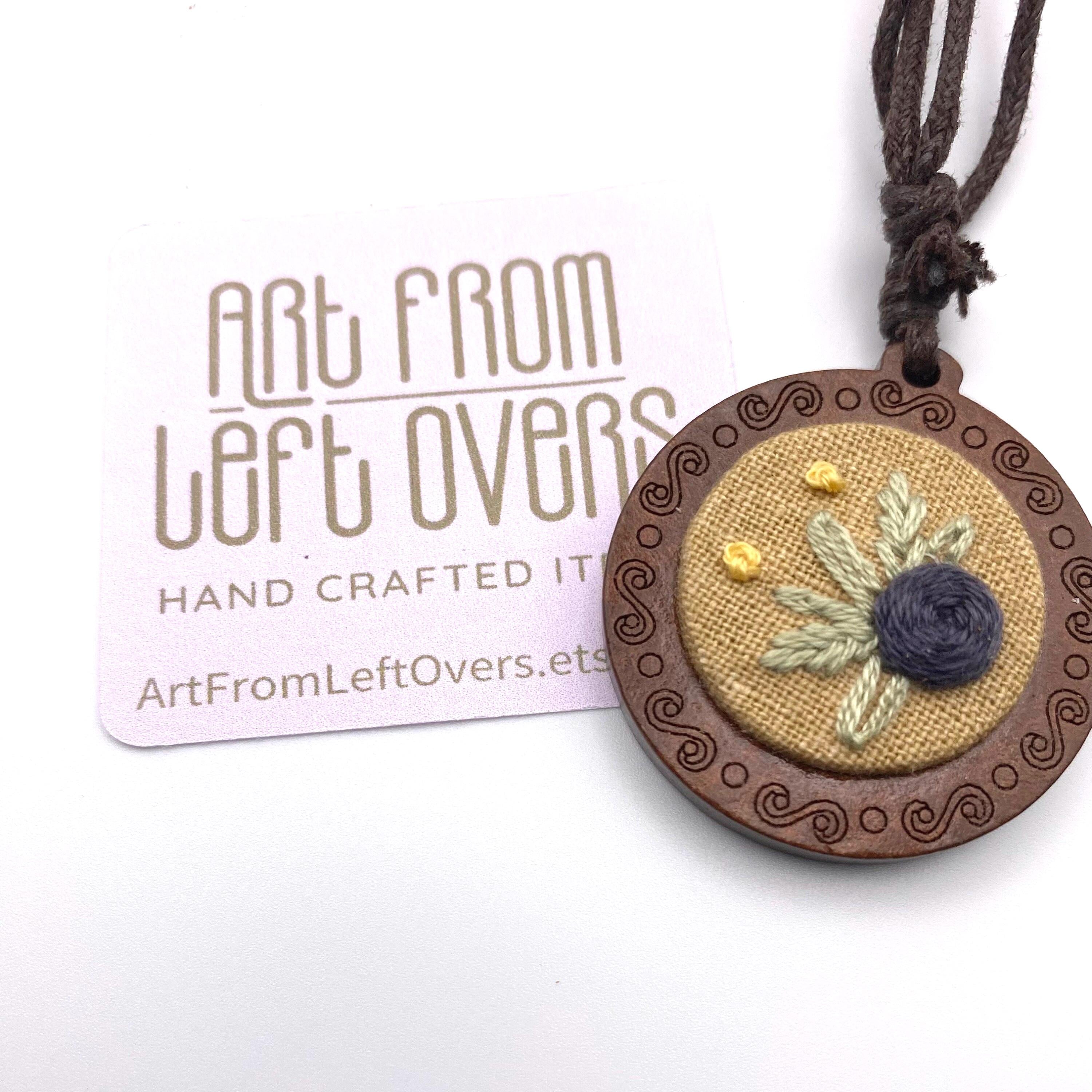 Handmade Floral Embroidery Necklace: Wooden Pendant, Adjustable Cord