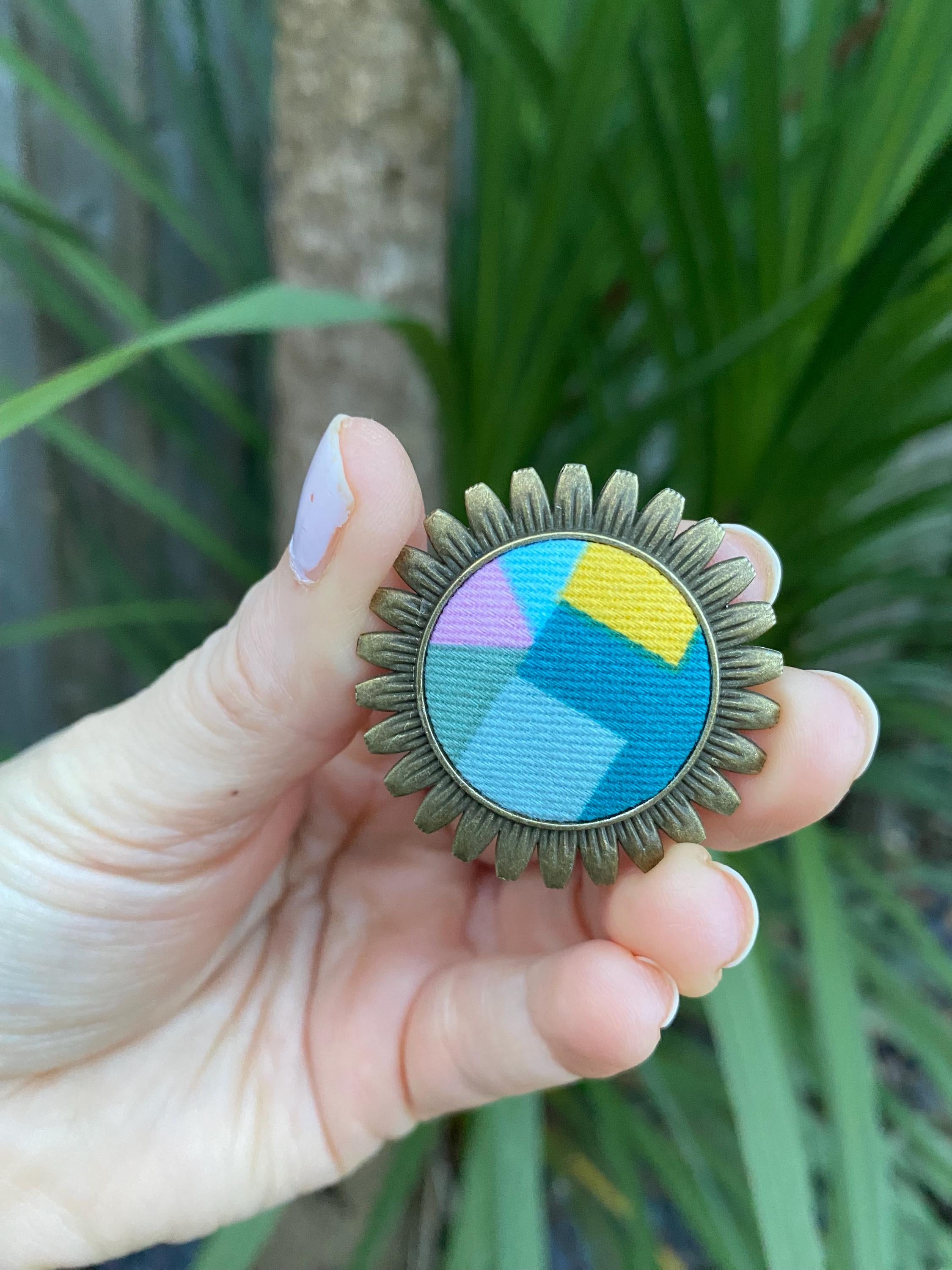 Handmade Upcycled Brooch/Necklace for women: Multicoloured Fabric, Antique Brass Style