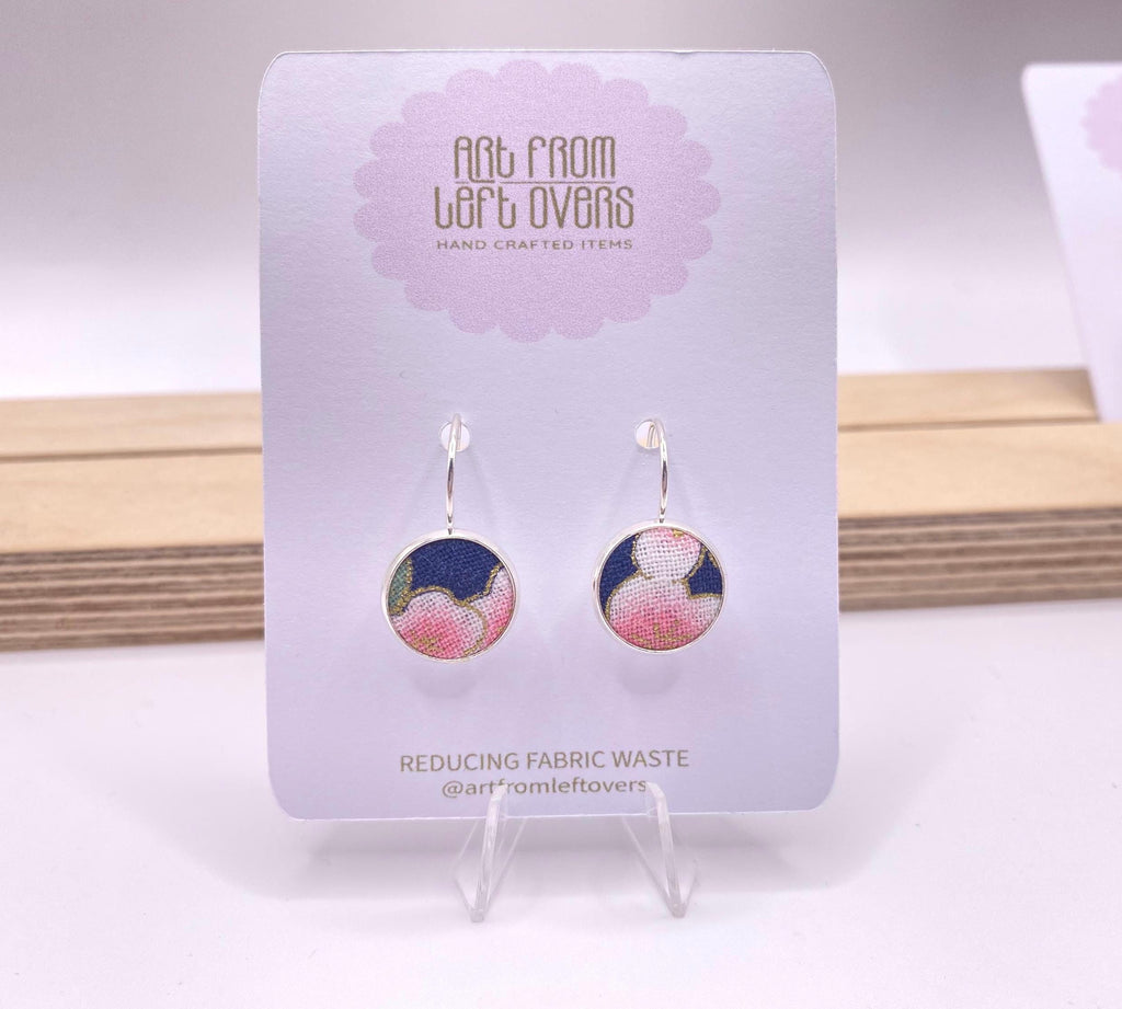 Upcycled Japanese Cherry Blossom Fabric Earrings – Handmade Leverback Hoops