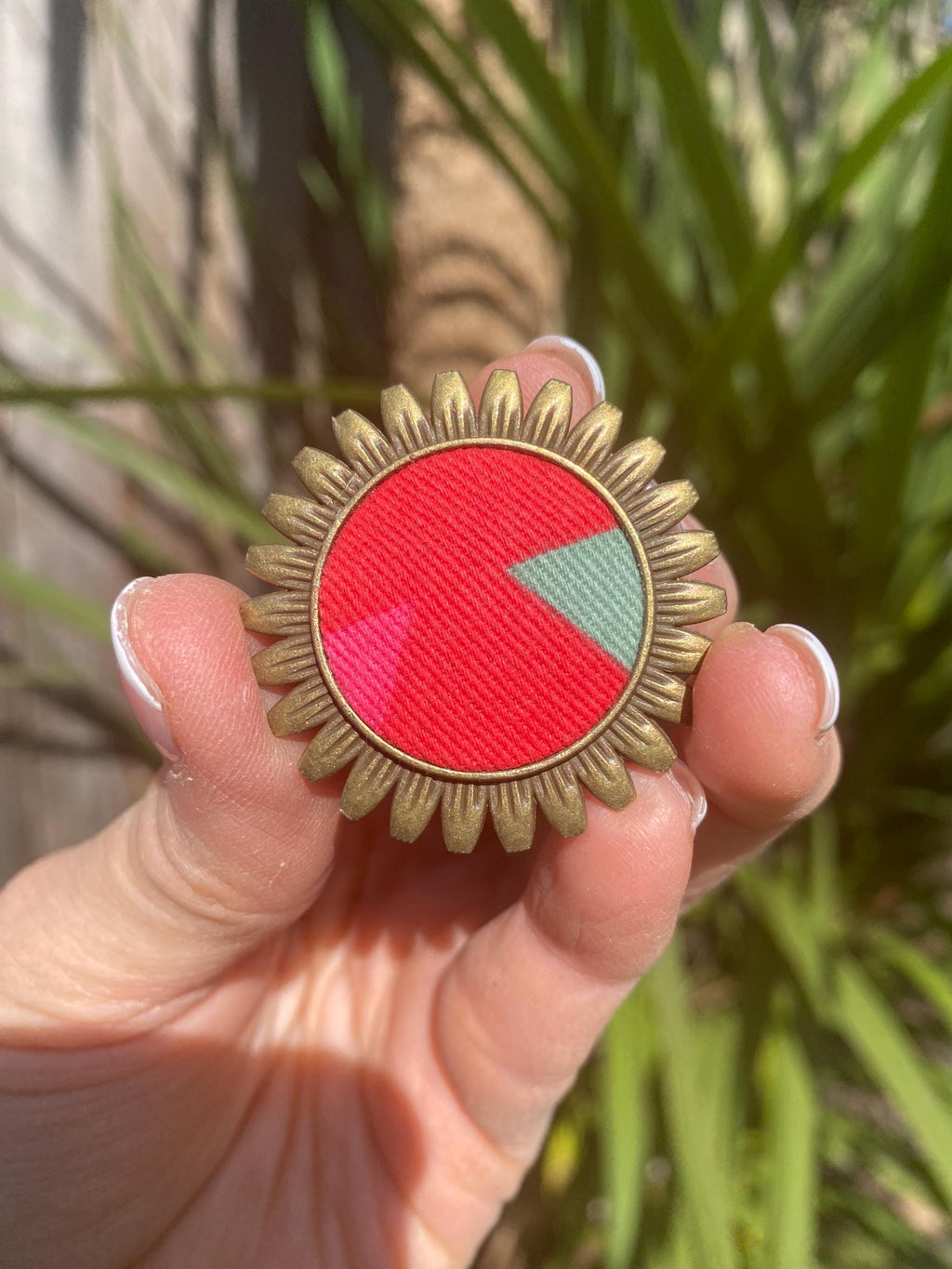 Handmade Upcycled Brooch/Necklace for women: Multicoloured Fabric, Antique Brass Style