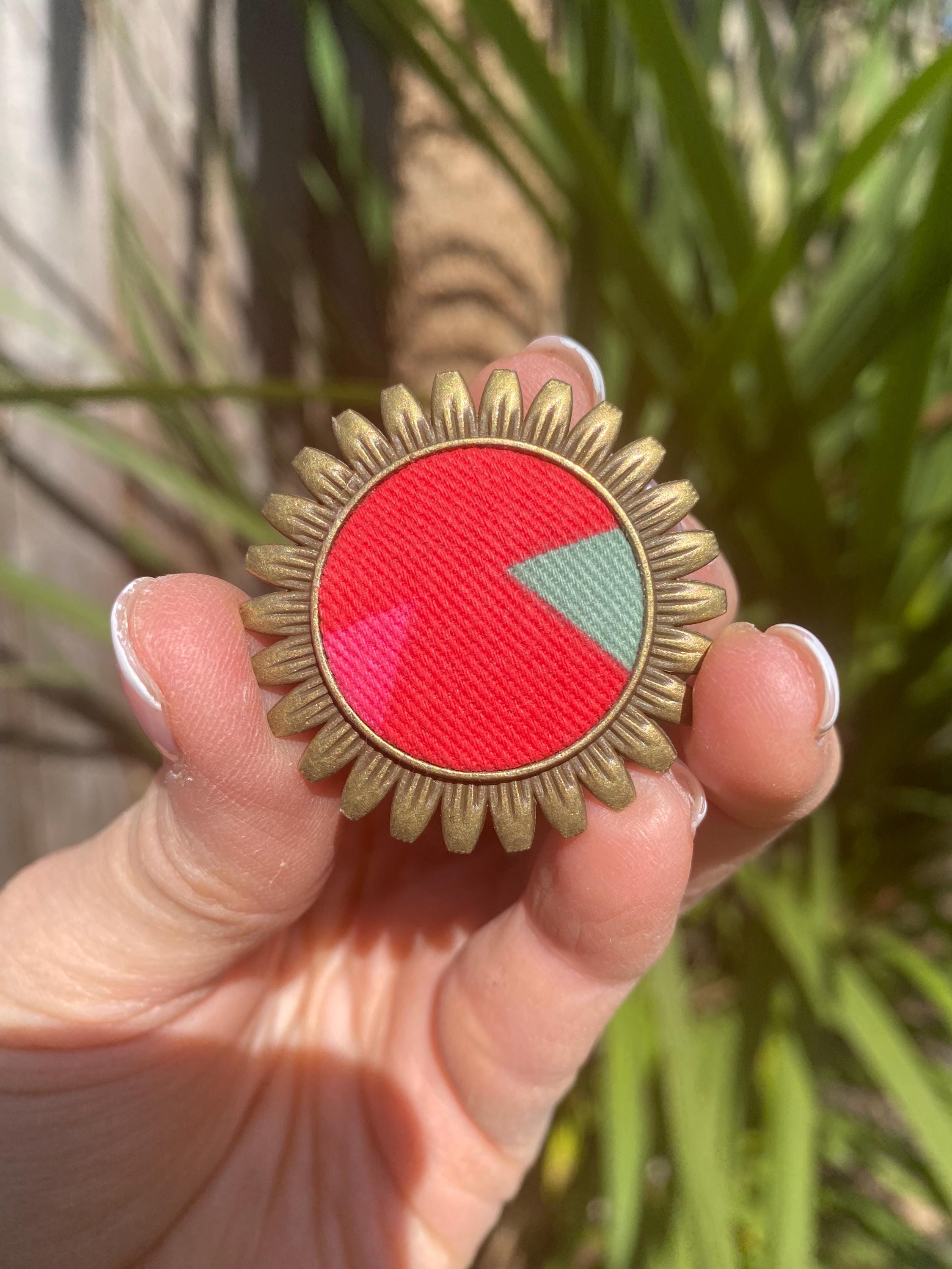 Handmade Upcycled Brooch/Necklace for women: Multicoloured Fabric, Antique Brass Style