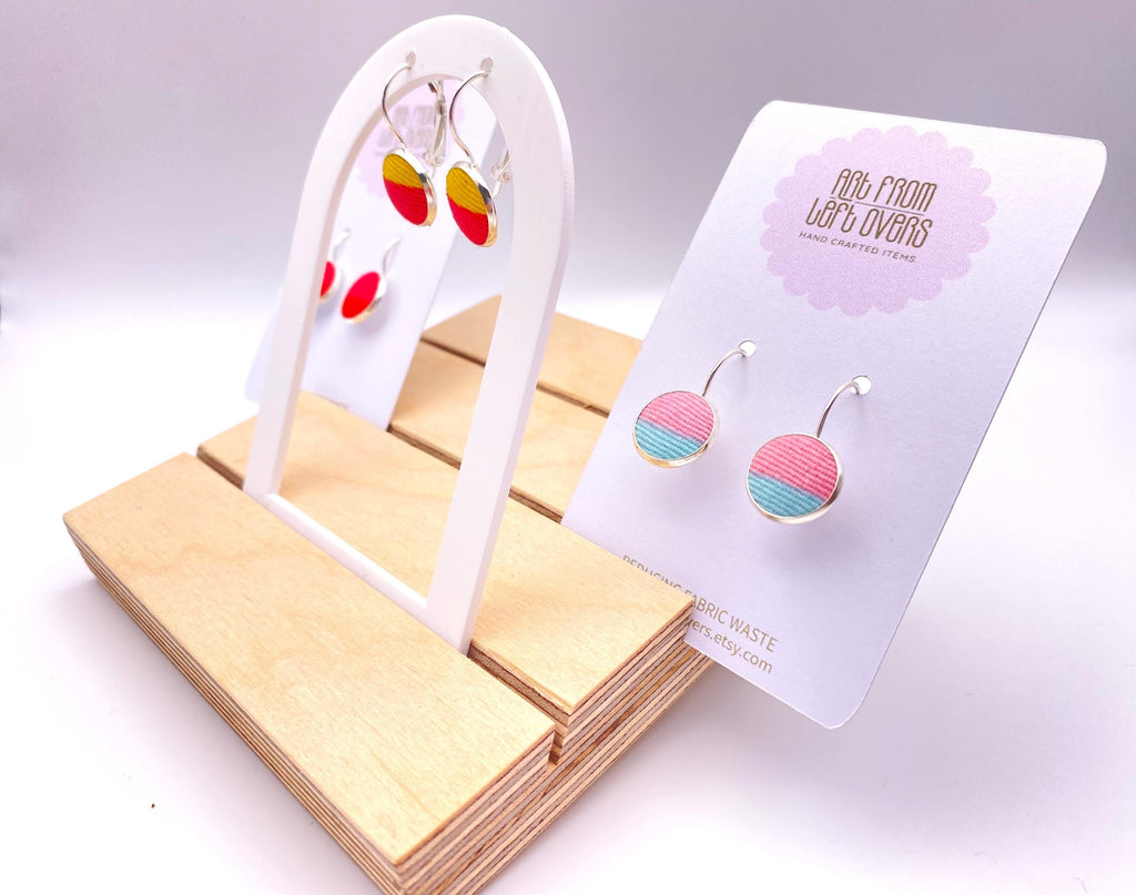 Upcycled Fabric Earrings: Geometric Leverback Hoops, Colorful Cotton