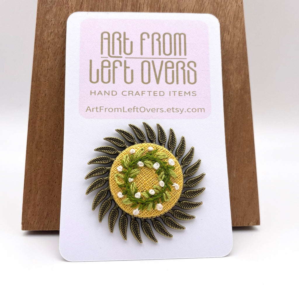 Hand Embroidered Floral Wreath Brooch: Botanical Antique Brass Pin