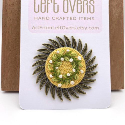 Hand Embroidered Floral Wreath Brooch: Botanical Antique Brass Pin
