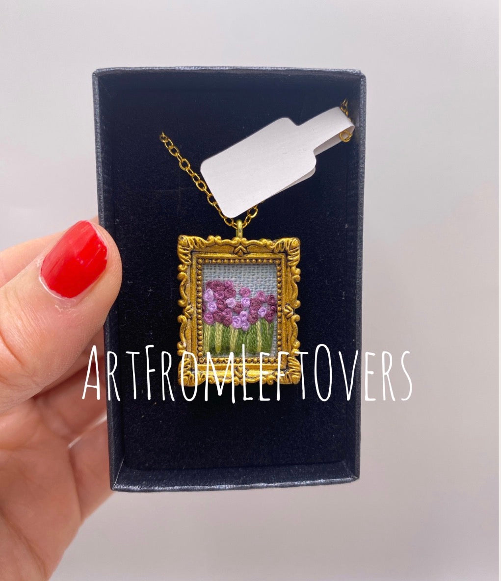 Mini Landscape Embroidery Necklace, Framed Textile Art Pendant, Wearable Art Jewelry, Nature Inspired Gift, Tiny Landscape Collection