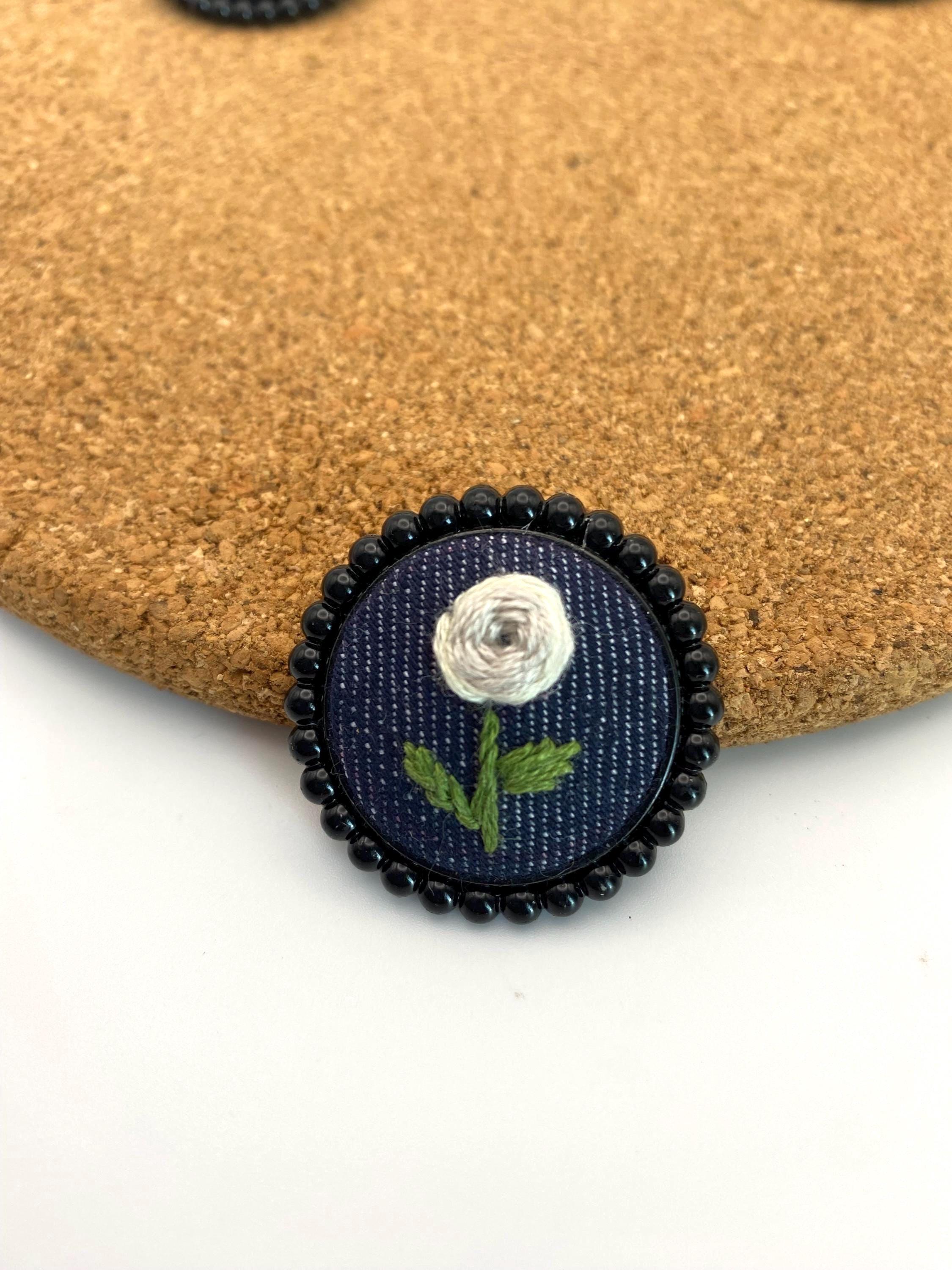 Handmade Embroidered Denim Flower Brooch: Black Beaded Edge