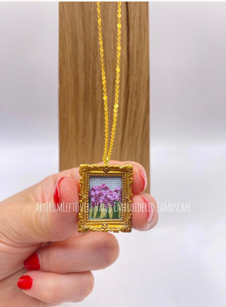 Mini Landscape Embroidery Necklace, Framed Textile Art Pendant, Wearable Art Jewelry, Nature Inspired Gift, Tiny Landscape Collection