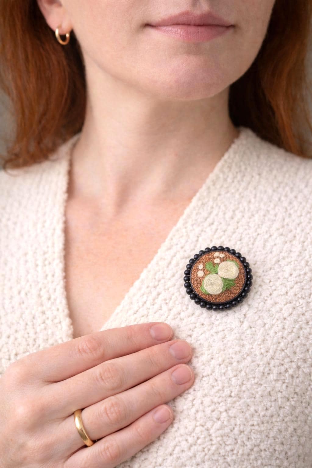 Handmade Embroidered Flower Brooch, Upcycled Fabric Beaded Trim