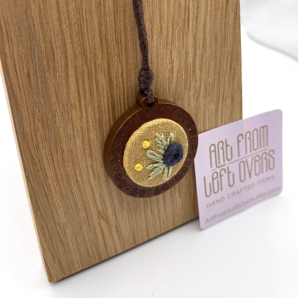 Handmade Floral Embroidery Necklace: Wooden Pendant, Adjustable Cord