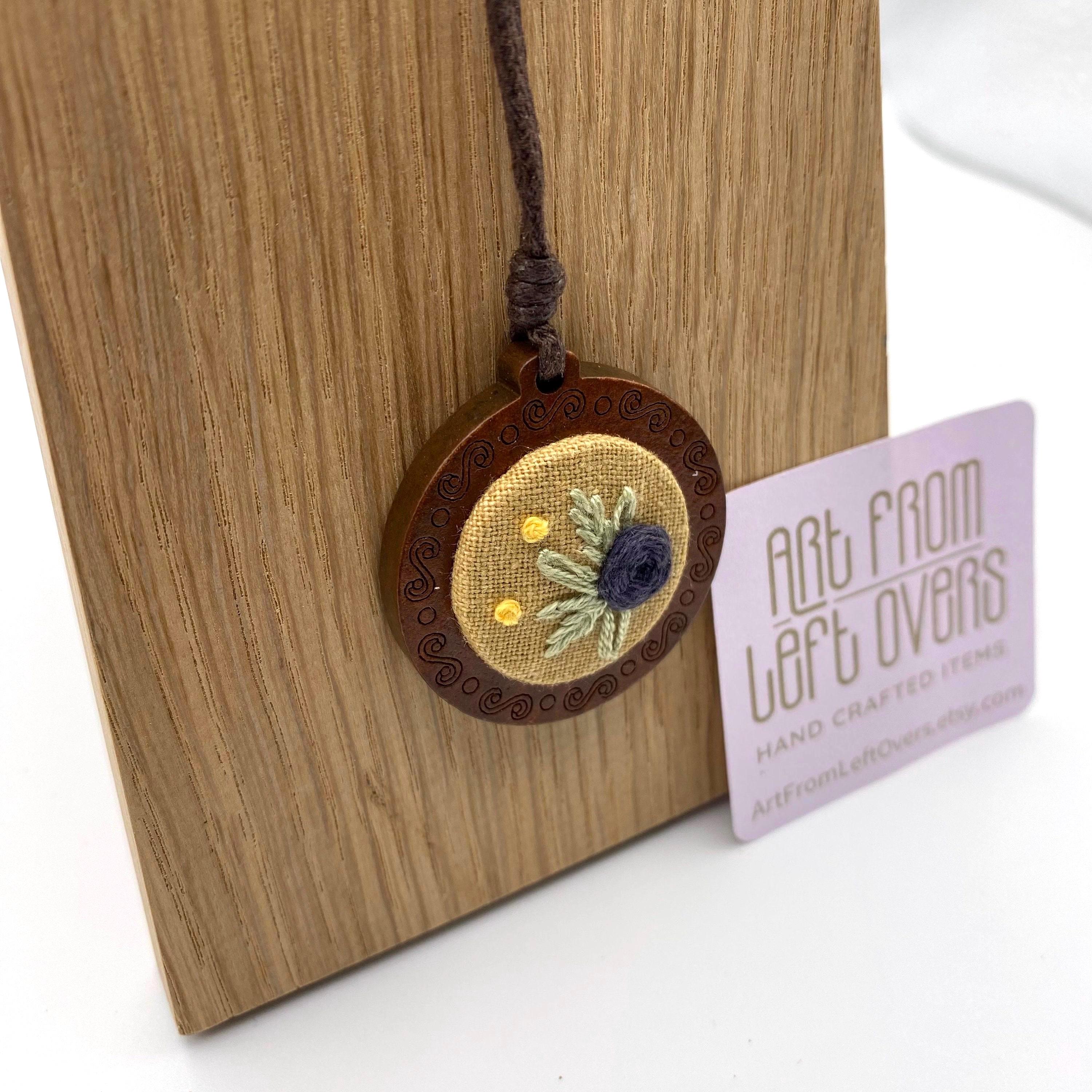 Handmade Floral Embroidery Necklace: Wooden Pendant, Adjustable Cord