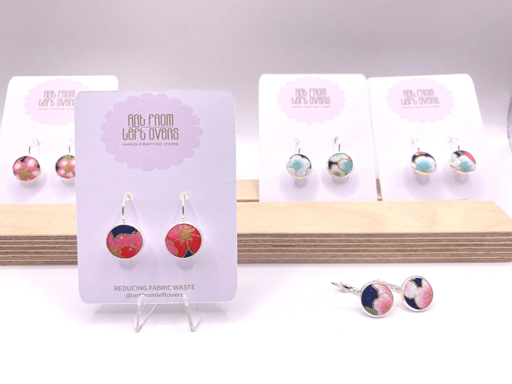 Upcycled Japanese Cherry Blossom Fabric Earrings – Handmade Leverback Hoops