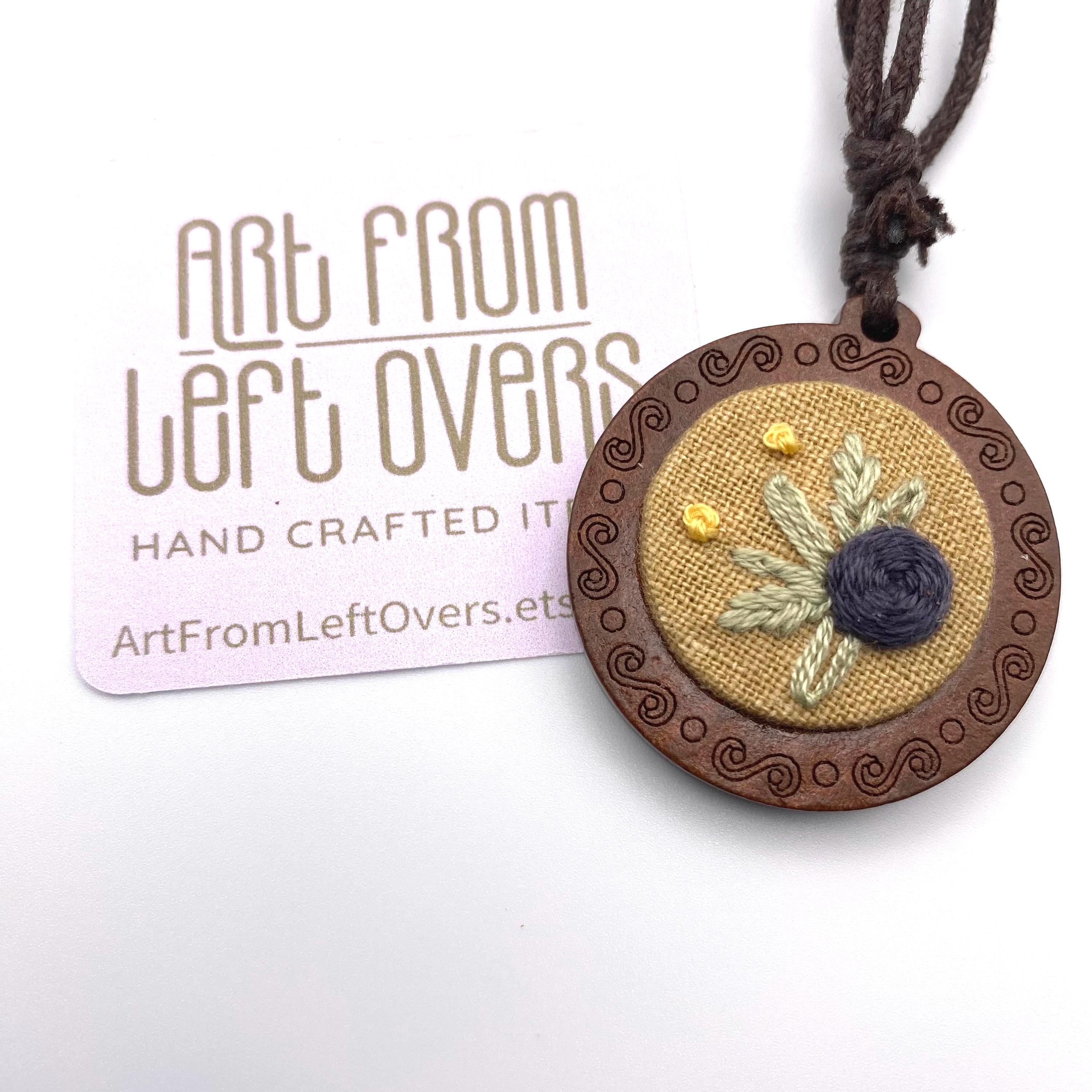 Handmade Floral Embroidery Necklace: Wooden Pendant, Adjustable Cord
