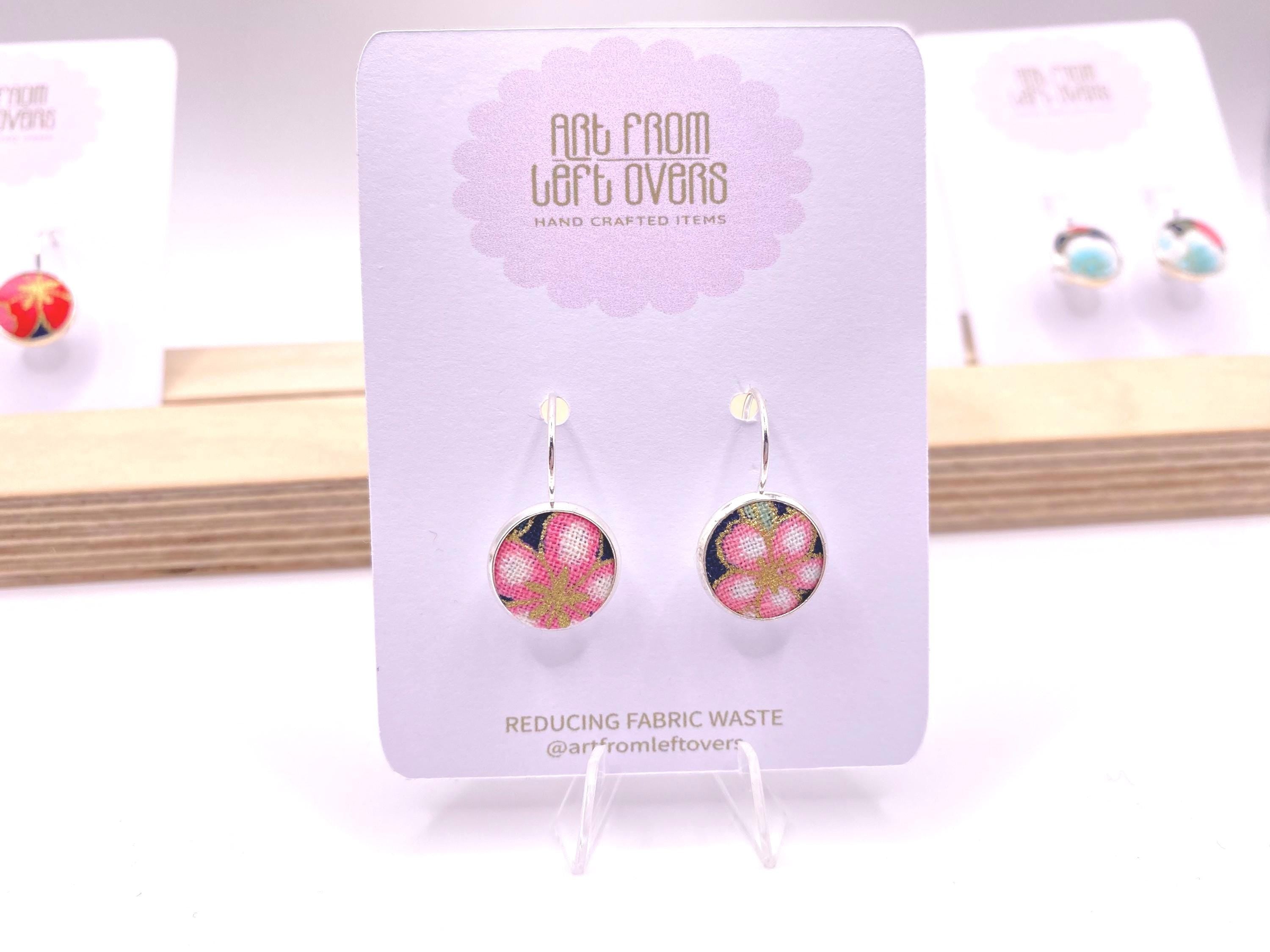 Upcycled Japanese Cherry Blossom Fabric Earrings – Handmade Leverback Hoops