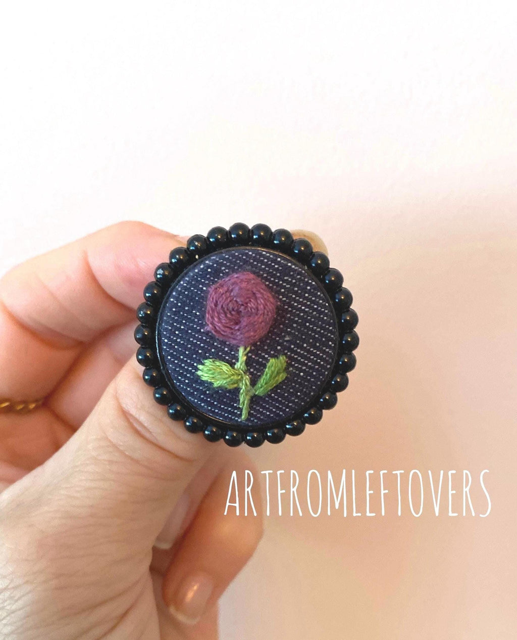 Handmade Embroidered Denim Flower Brooch: Black Beaded Edge