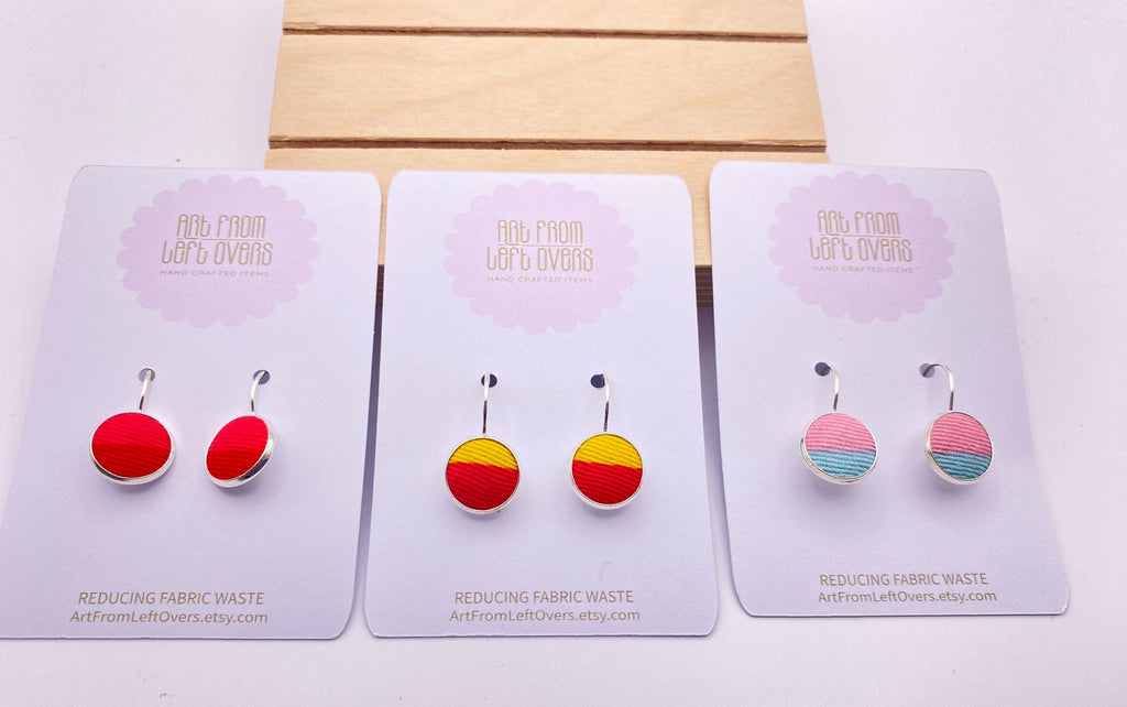 Upcycled Fabric Earrings: Geometric Leverback Hoops, Colorful Cotton