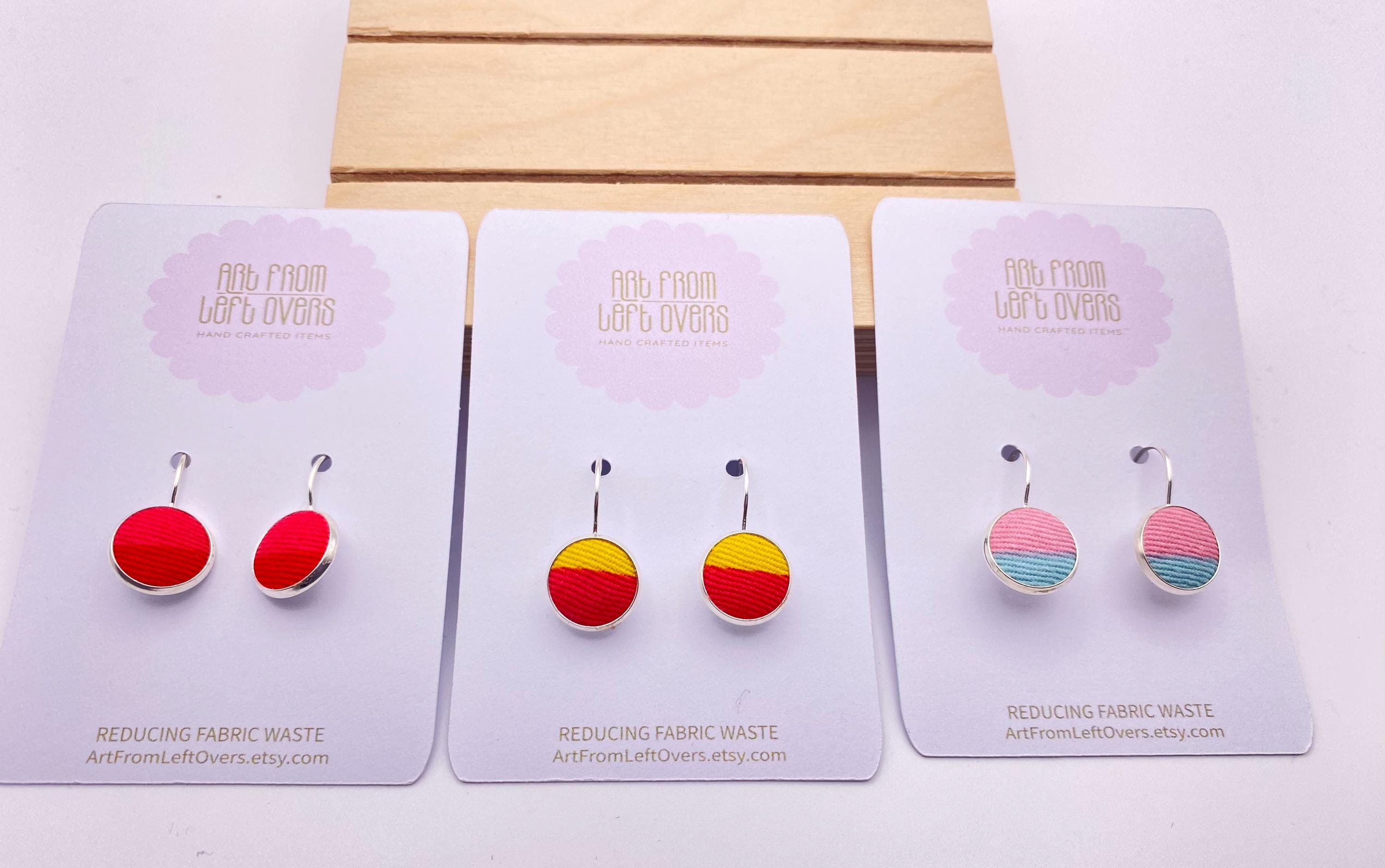 Upcycled Fabric Earrings: Geometric Leverback Hoops, Colorful Cotton