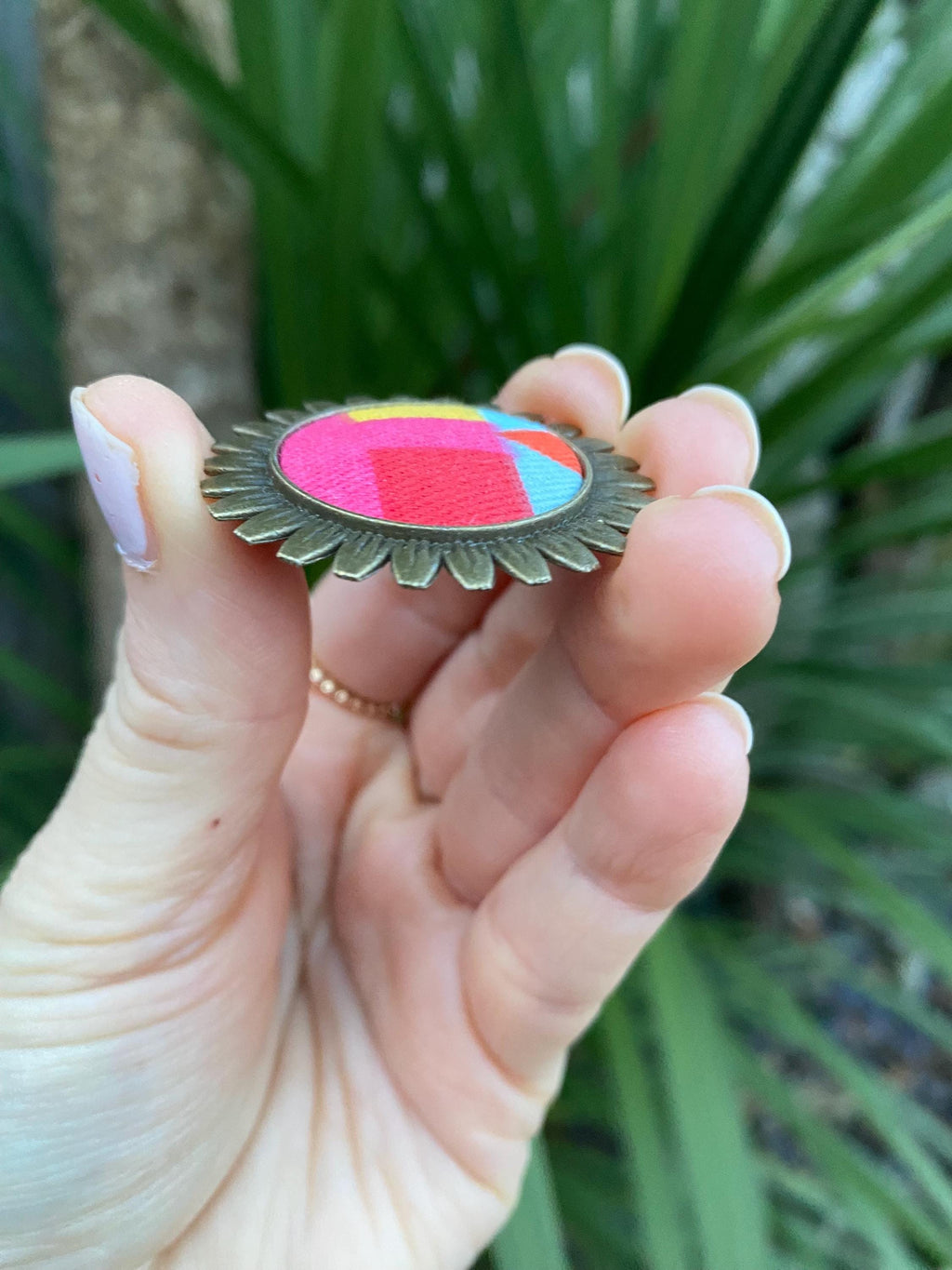 Handmade Upcycled Brooch/Necklace for women: Multicoloured Fabric, Antique Brass Style