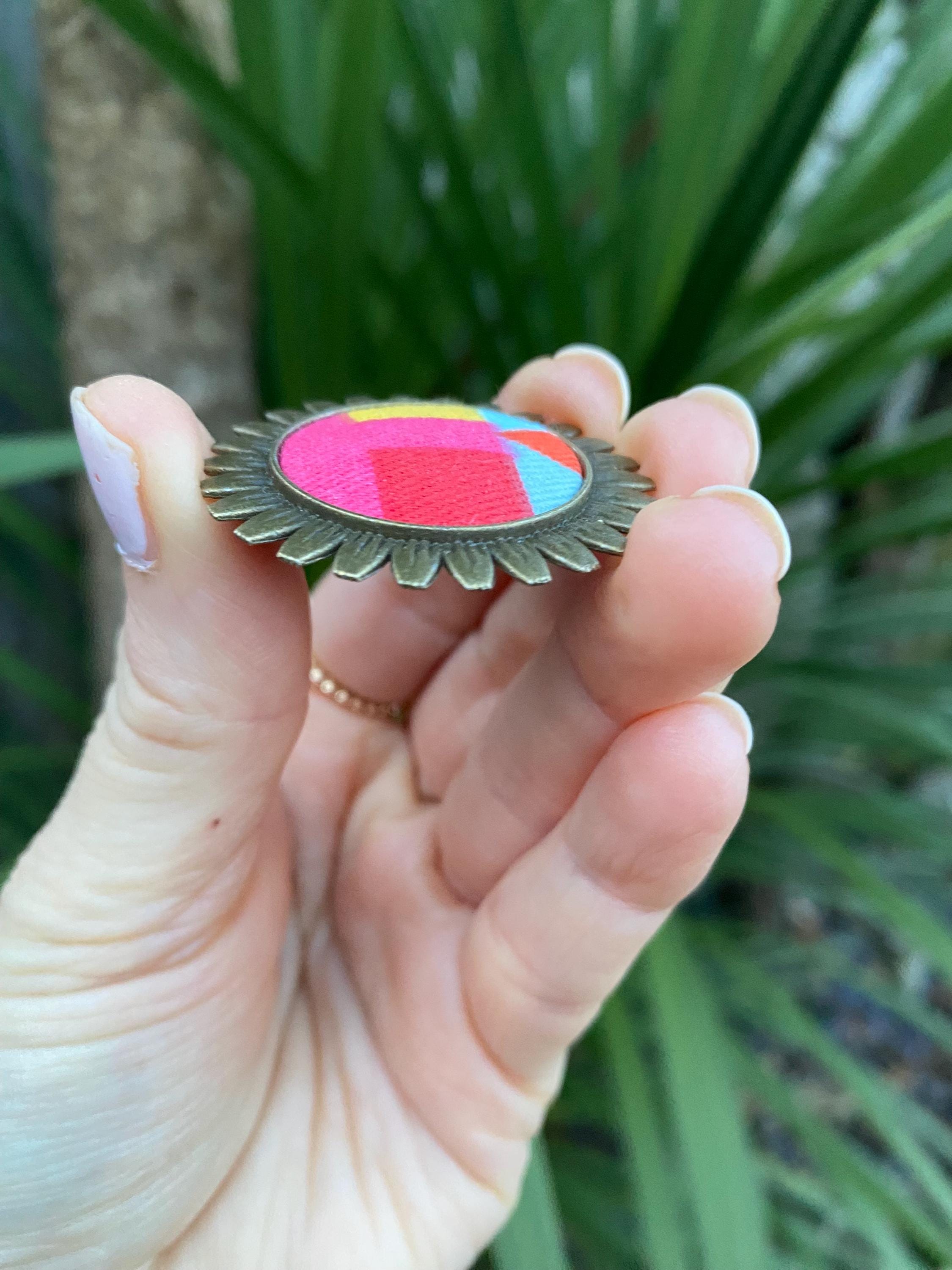Handmade Upcycled Brooch/Necklace for women: Multicoloured Fabric, Antique Brass Style