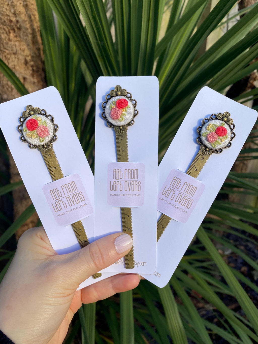 Handmade Fabric Bookmark Ruler – Embroidered Floral Design, Reading Accessory