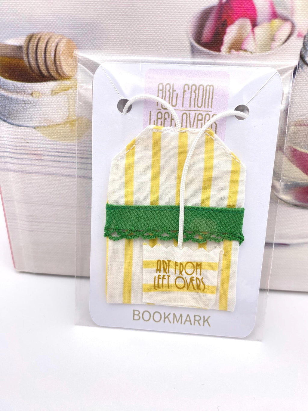 Fabric Tea Bag Bookmark: Yellow & Green Stripy Reader Gift