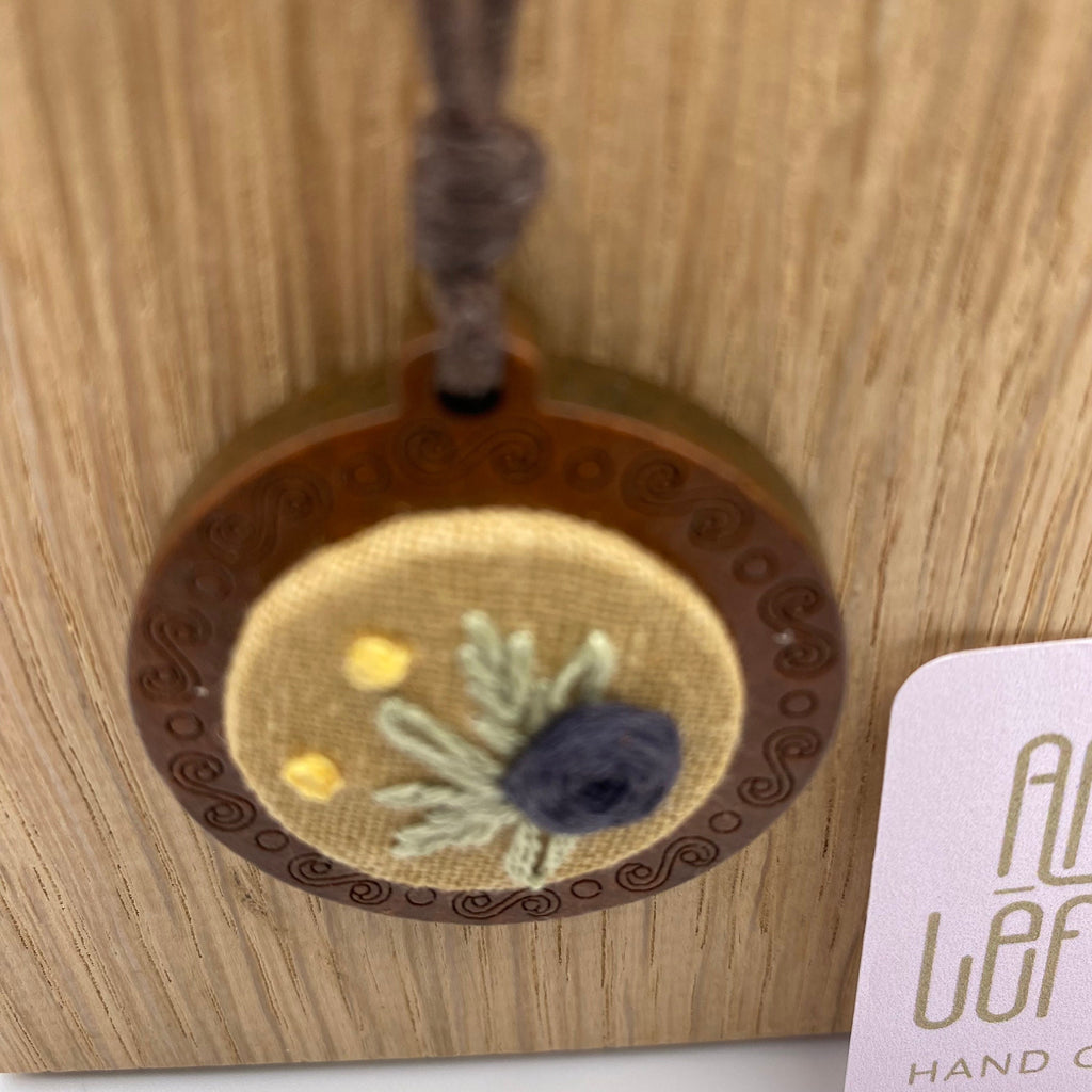 Handmade Floral Embroidery Necklace: Wooden Pendant, Adjustable Cord