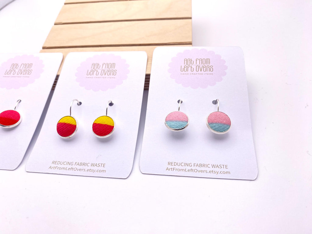 Upcycled Fabric Earrings: Geometric Leverback Hoops, Colorful Cotton