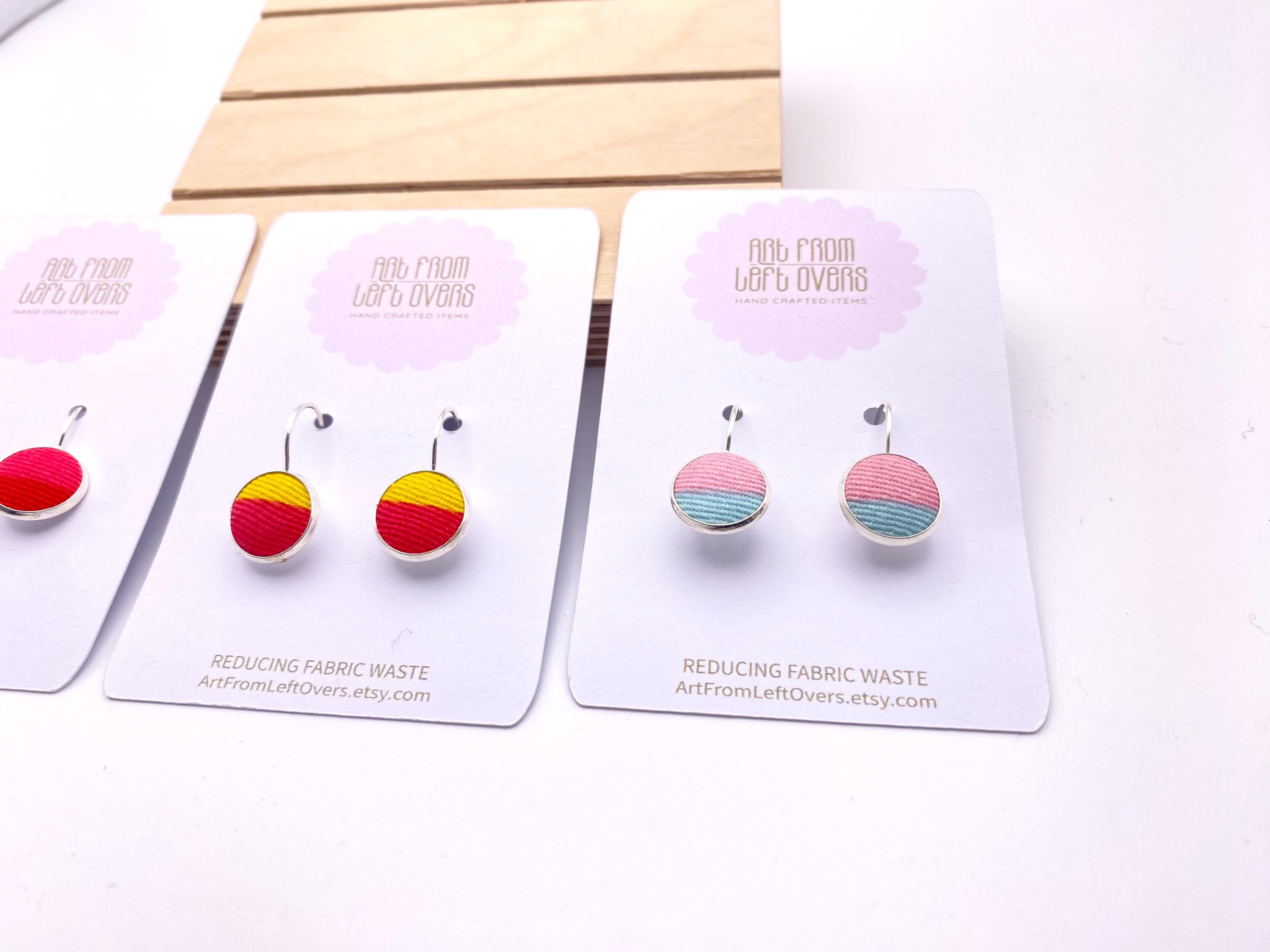 Upcycled Fabric Earrings: Geometric Leverback Hoops, Colorful Cotton