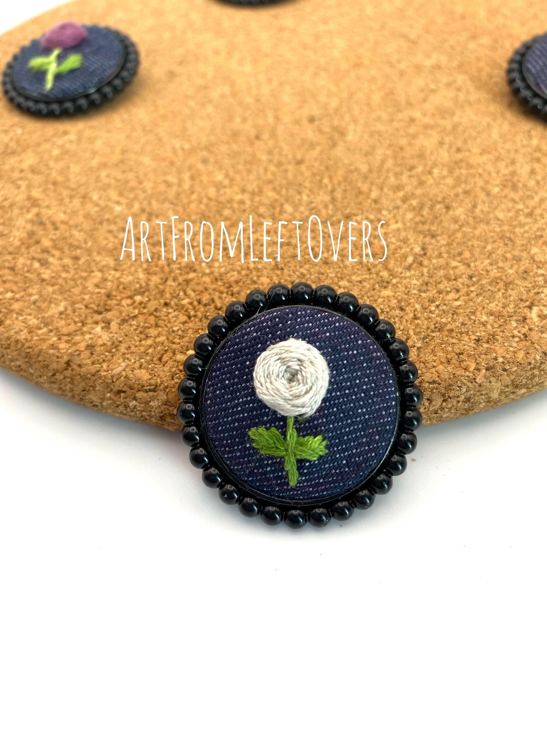 Handmade Embroidered Denim Flower Brooch: Black Beaded Edge