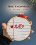Hand Embroidered Mini Hoop Art –  'Hello'