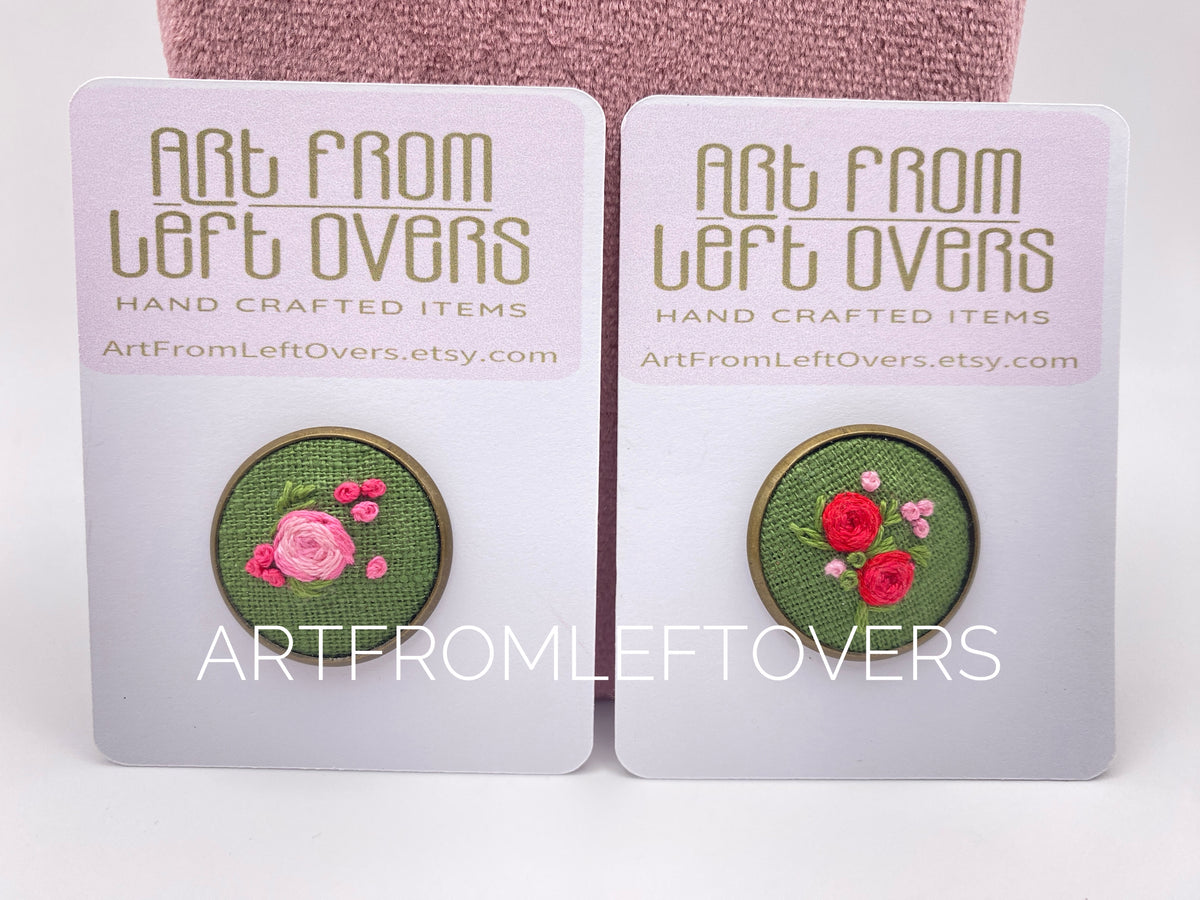 Brooch. Round Pink and Green Floral Hand Embroidered Roses. Round Metal Antique Brass Style. Gift for Her.  Sustainable Jewellery