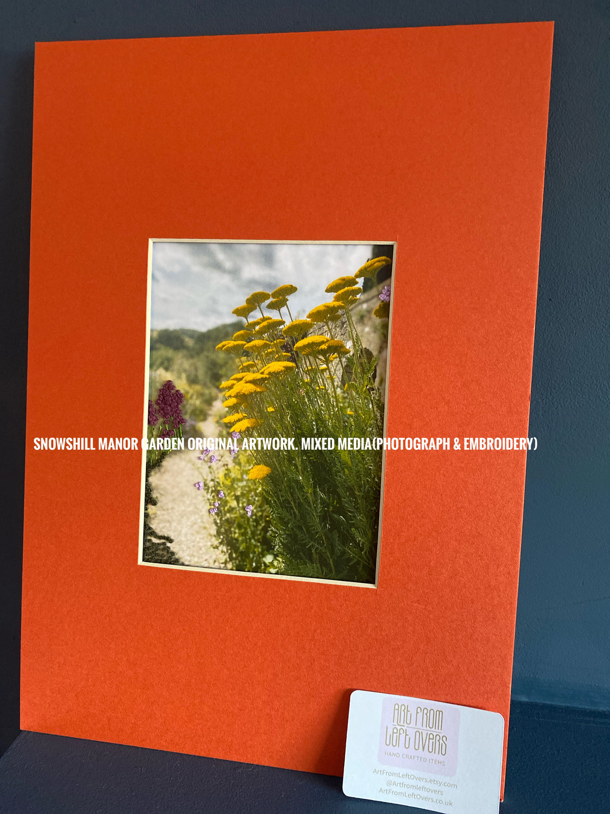 Snowshill Manor Wall, UK.  Original Artwork. Hand-Embroidered Photograph, Mixed Media  Textile Art on an Orange Mount. Size Mounted A4  (Certificate Included)