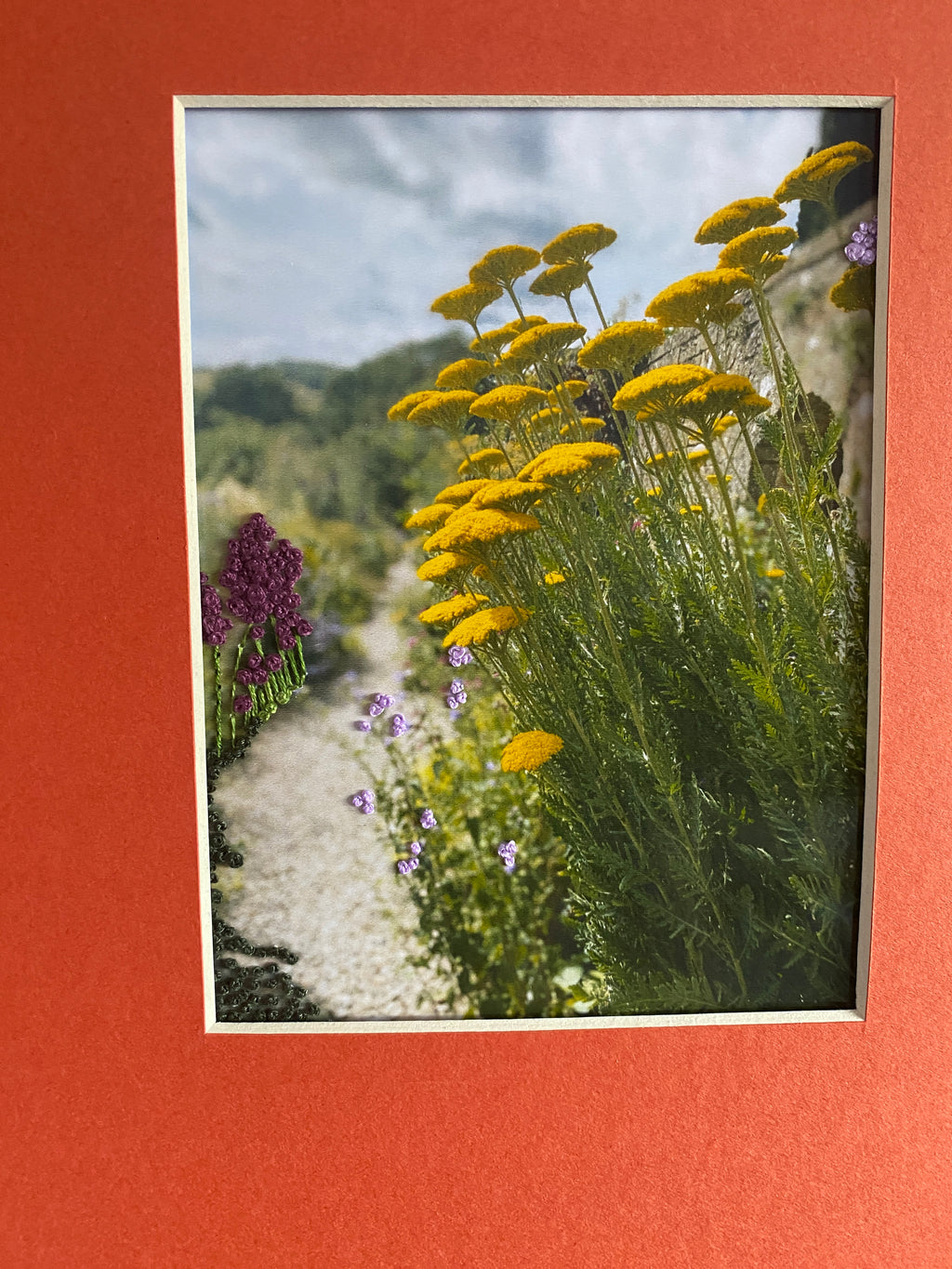Snowshill Manor Wall, UK.  Original Artwork. Hand-Embroidered Photograph, Mixed Media  Textile Art on an Orange Mount. Size Mounted A4  (Certificate Included)