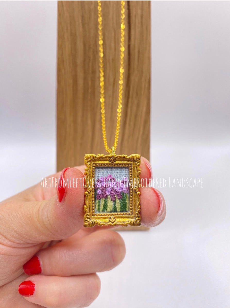 Mini Landscape Embroidery Necklace, Framed Textile Art Pendant, Wearable Art Jewelry, Nature Inspired Gift, Tiny Landscape Collection