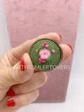 Brooch. Round Pink and Green Floral Hand Embroidered Roses. Round Metal Antique Brass Style. Gift for Her.  Sustainable Jewellery