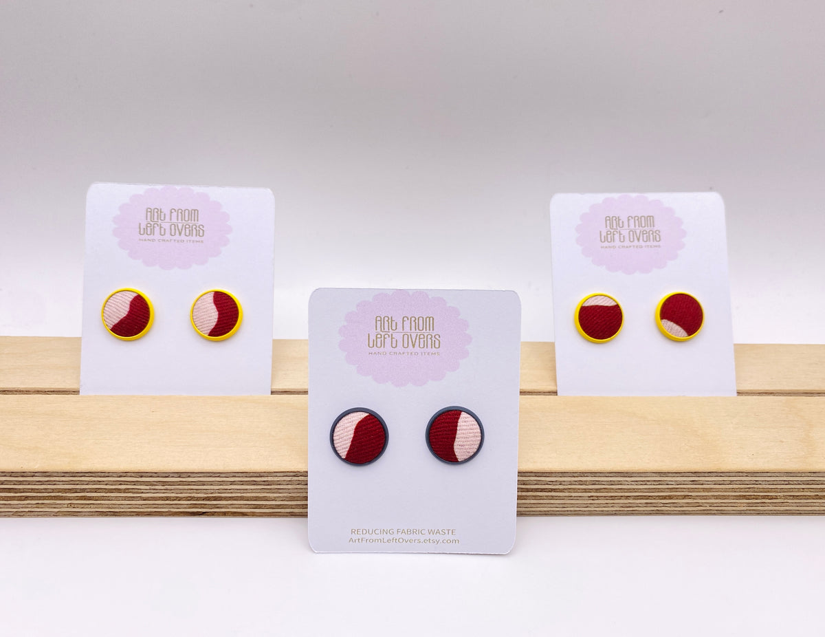 Stud Earrings. Stunning Two tones of Pink Leftover Fabric in a Yellow or grey stud earring setting.  Collection –Zero Waste