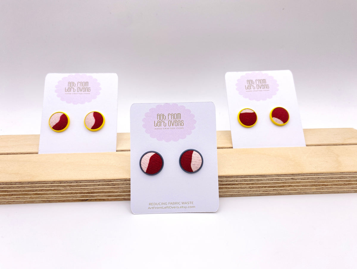Stud Earrings. Stunning Two tones of Pink Leftover Fabric in a Yellow or grey stud earring setting.  Collection –Zero Waste