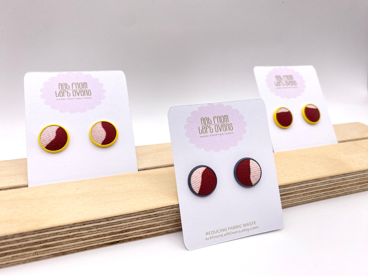Stud Earrings. Stunning Two tones of Pink Leftover Fabric in a Yellow or grey stud earring setting.  Collection –Zero Waste