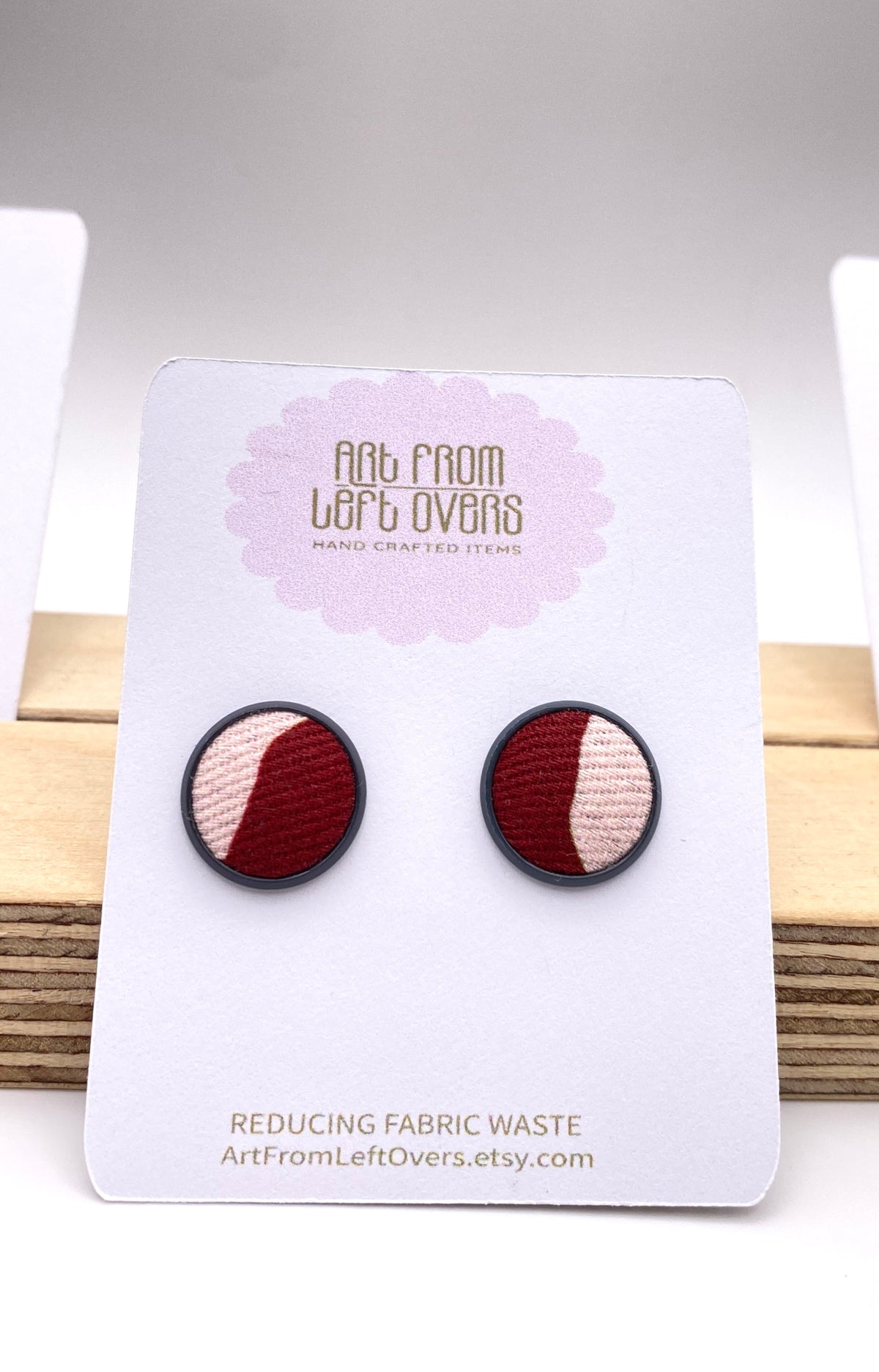 Stud Earrings. Stunning Two tones of Pink Leftover Fabric in a Yellow or grey stud earring setting.  Collection –Zero Waste