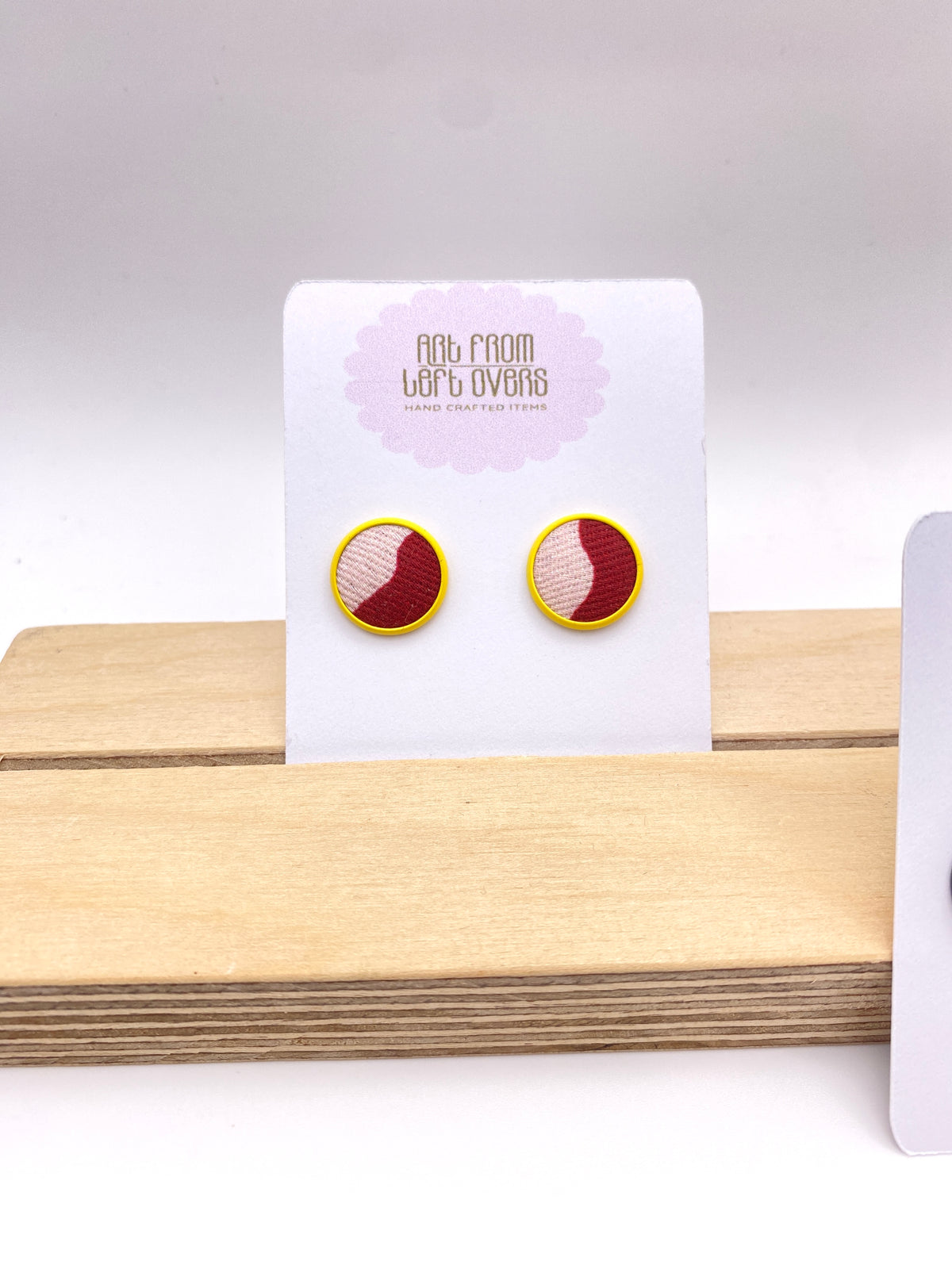 Stud Earrings. Stunning Two tones of Pink Leftover Fabric in a Yellow or grey stud earring setting.  Collection –Zero Waste