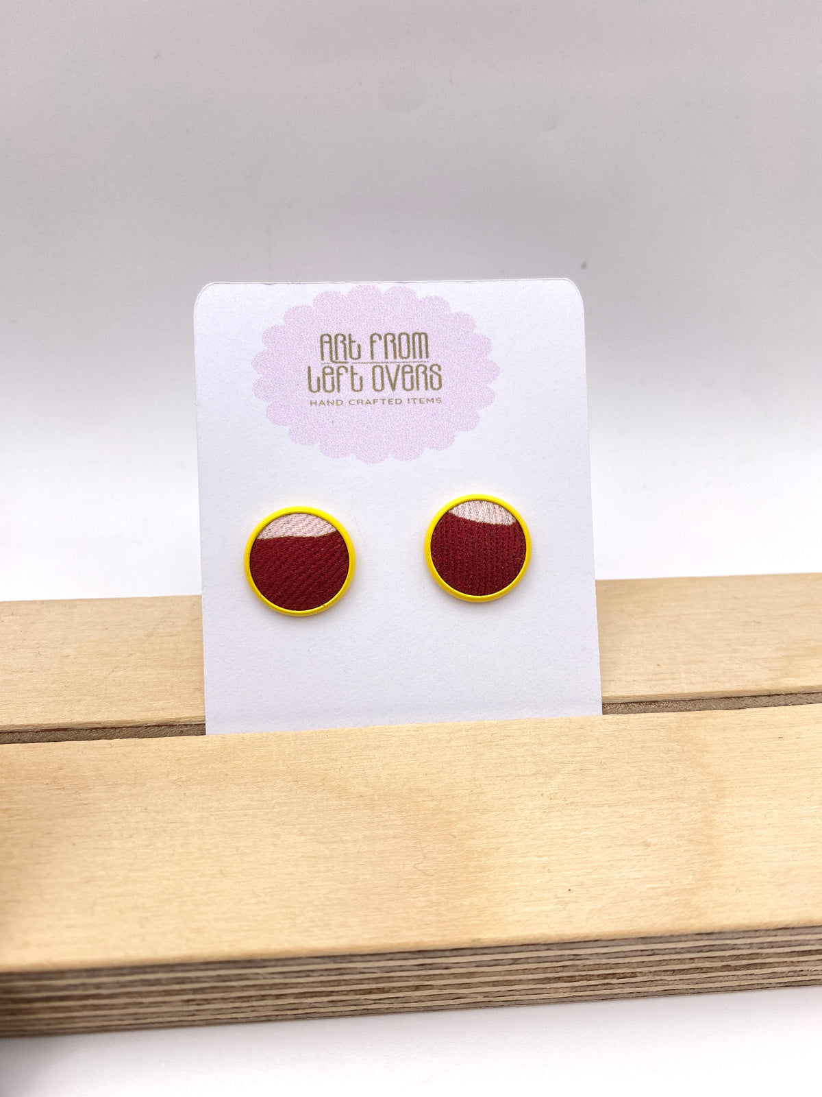 Stud Earrings. Stunning Two tones of Pink Leftover Fabric in a Yellow or grey stud earring setting.  Collection –Zero Waste