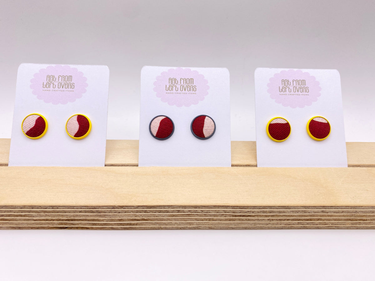 Stud Earrings. Stunning Two tones of Pink Leftover Fabric in a Yellow or grey stud earring setting.  Collection –Zero Waste